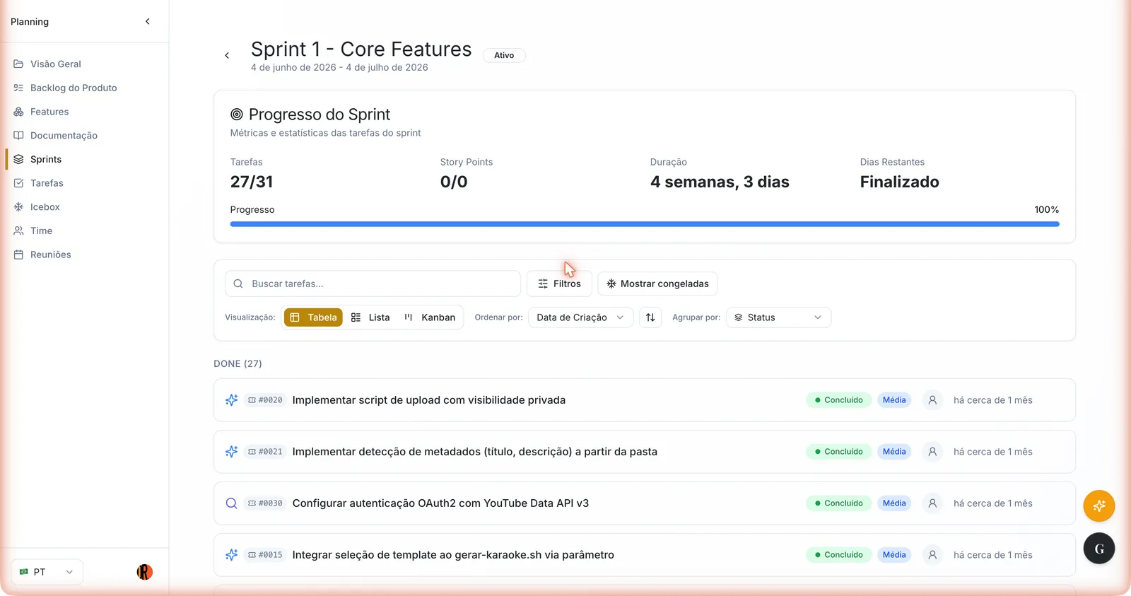 Gestão de tarefas da sprint com o painel Progresso do Sprint, busca, filtros, visualizações Tabela, Lista e Kanban e a lista agrupada por status
