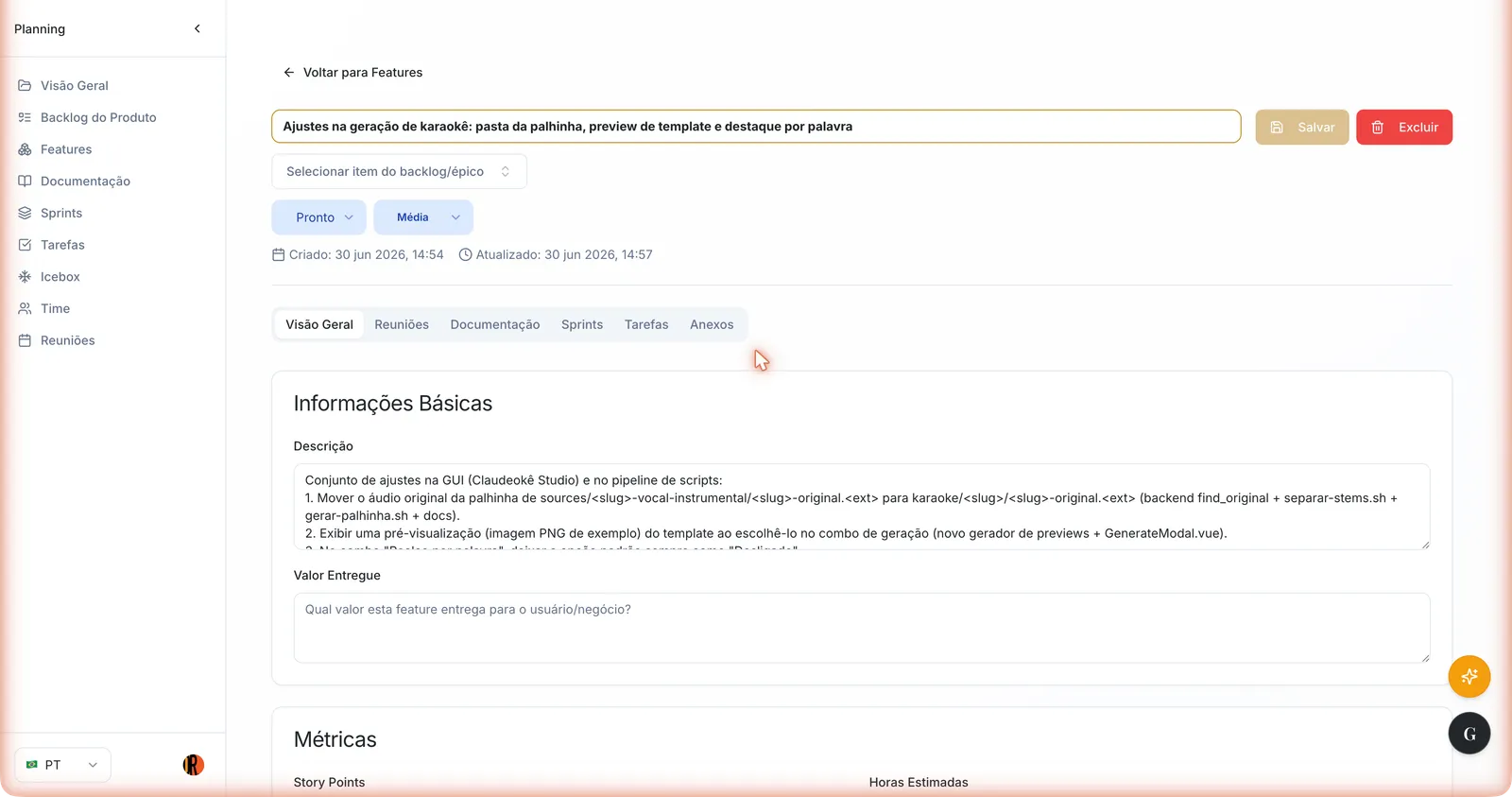 Detalhe da feature com título editável, botões Salvar e Excluir, seletores de status e prioridade e as abas Visão Geral, Reuniões, Documentação, Sprints, Tarefas e Anexos