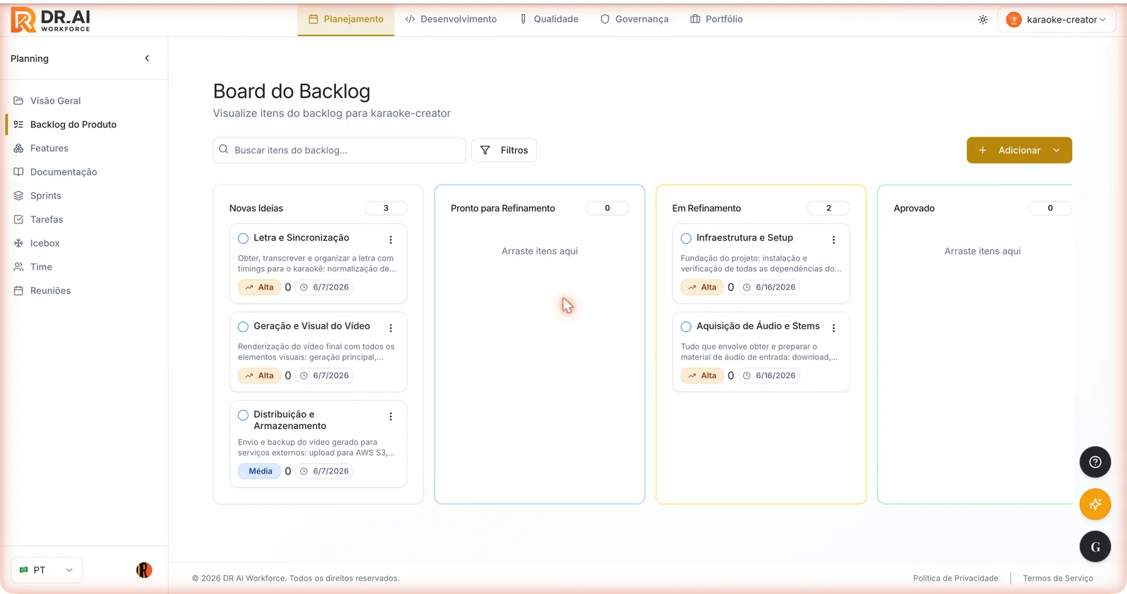 Board do Backlog com as colunas Novas Ideias, Pronto para Refinamento, Em Refinamento e Aprovado e cards com prioridade, pontos e data